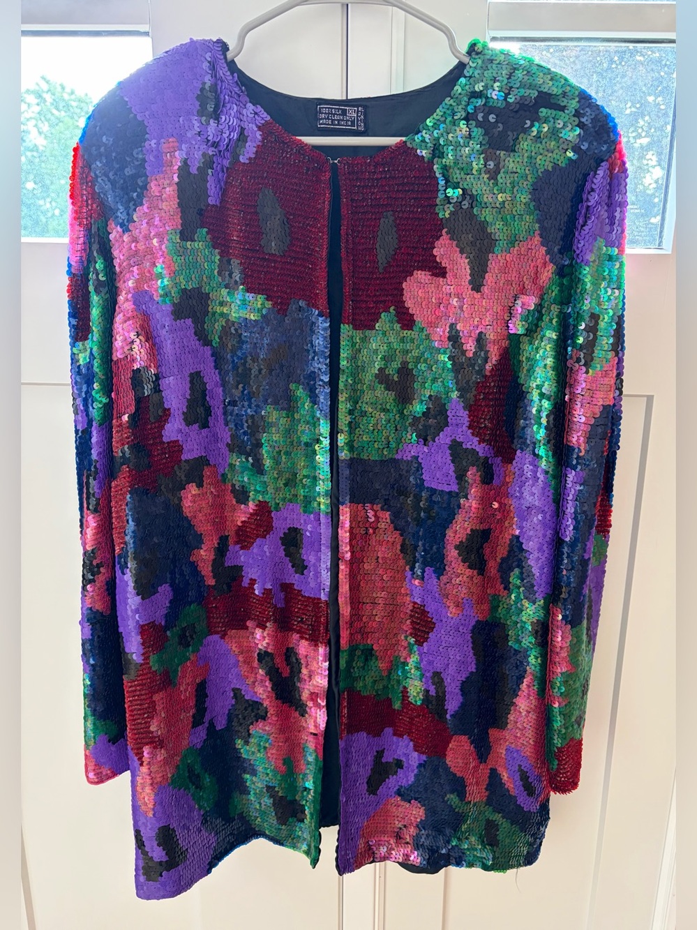 Vintage 100% Silk Sequin Long Jacket Colorful Floral Sequin Open Front Blazer XL